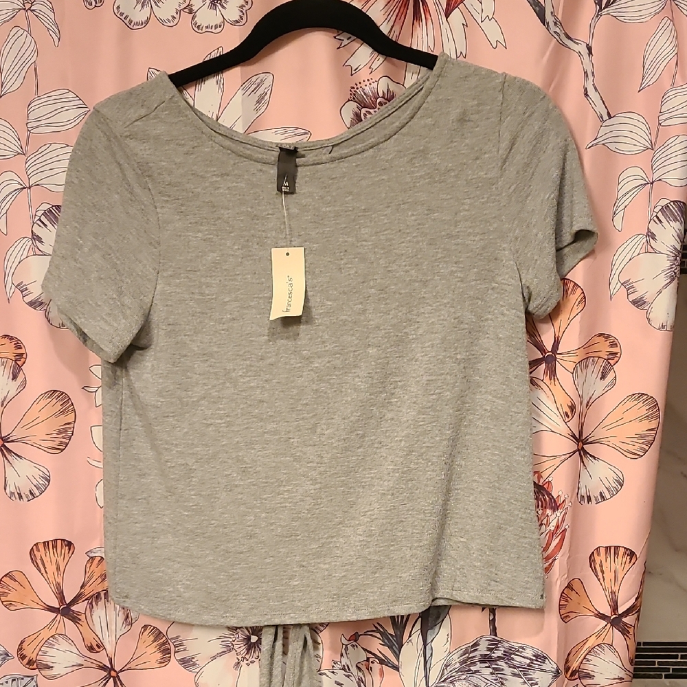 Francesca's Gray Crop Tie Baxk  Short Sleeve Blouse / T